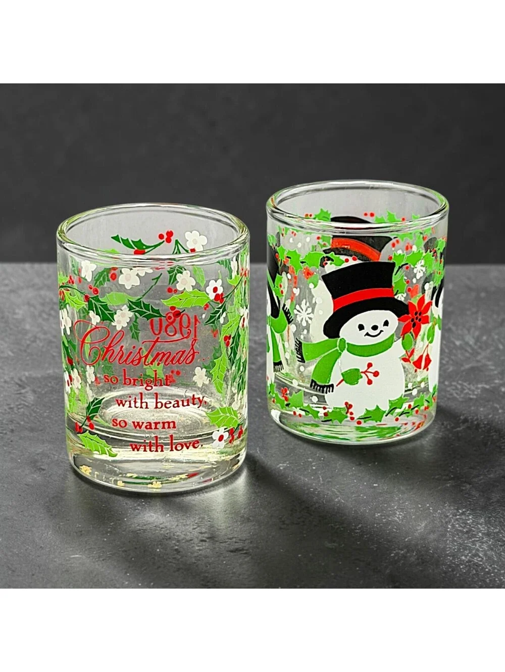 Vtg Christmas Glass Tumblers Set of 2 Snowman Holly 1980 Holiday Glasses 3